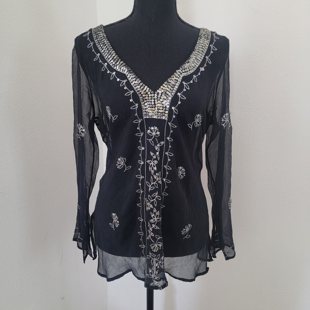 VTG Y2K John Paul Richard Large Silk Bell Sleeve Sequin Embroider Top Whimsigoth
